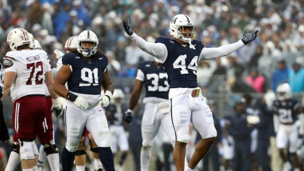 Penn State Nittany Lions defensive end Chop Robinson (44) celebrates following a sack on Massachusetts Minutemen quarterback Taisun Phommachanh (3) during the second quarter at Beaver Stadium. Penn State defeated Massachusetts 63-0.